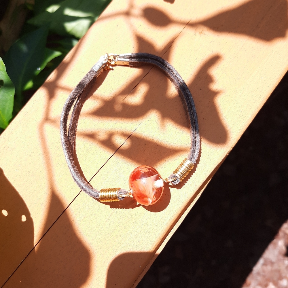 Round Clear & Salmon Glass Bead Leather Bracelet